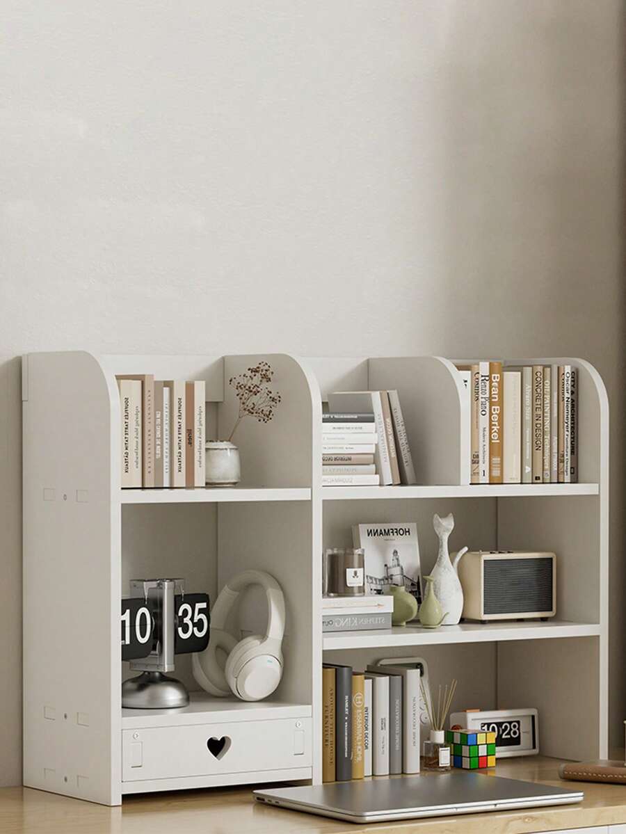 1 pieza Estantería vertical de escritorio de madera blanca y plástico, apta para dormitorio, sala de estar, estudio, oficina, dormitorio - Organizador de escritorio para maquillaje, perfume, joyería, papelería, artículos varios