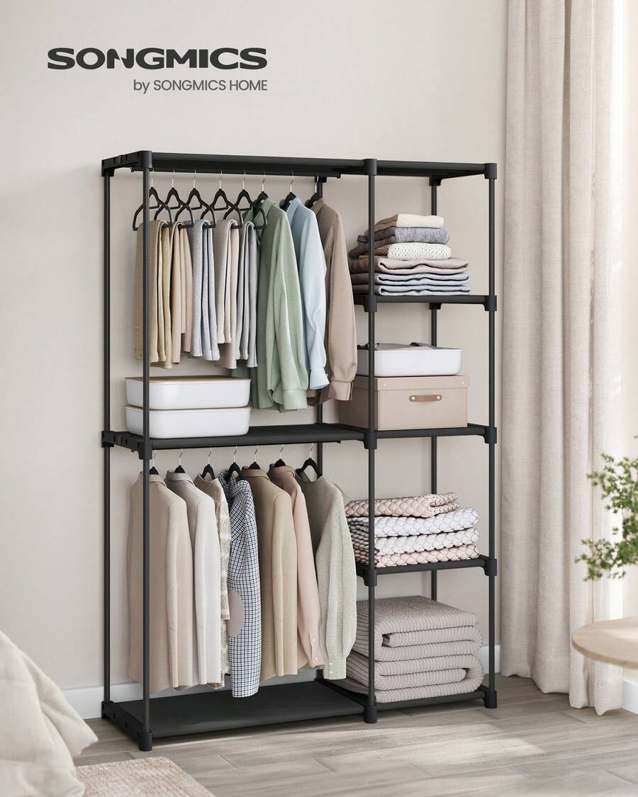 SONGMICS HOME SONGMICS Open Wardrobe, Freestanding Wardrobe Vertical Shelf, Coat Rack With Clothes Racks, Dressing Room, Bedroom, 43 X 124 X 182 Cm - Black - View 1