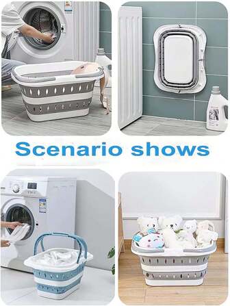 Cesto de roupa dobrável de plástico com alça, cesto de roupa com design inteligente e economizador de espaço para cozinha, cesto de roupa grande e dobrável para quarto e banheiro
