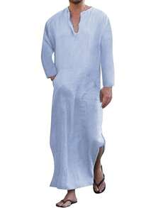 Men's V-Neck Short Sleeve Robe Side Split Kaftan Cotton Long Gown Thobe S-3XLhalloween - Light Blue #1 - View 1