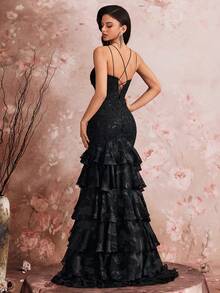 Elisanya Abito sexy a spacco con ricamo e paillettes, con cinturino regolabile sulla schiena - nero - Visualizzare 4
