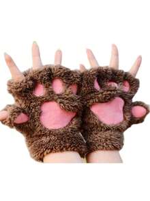 1 Piece, Autumn, Winter, Christmas, Halloween, Cute Plush Lady, Men's, Half-Finger Gloves, Hanging Neck Warm Gloves, Male And Female Student Cat Claw Gloves, Cute Cat Claw Gloves, Women's Autumn And Winter Warm And Cold-Proof Plush Half-Finger Gloves, Thickened Plush Student Writing Leaky Finger Gloves