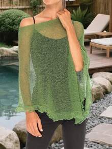 Women Sheer Knitted Poncho Solid Color Ruffle Trim Boat Neck See Through Cover Up Tops - Green - View 2