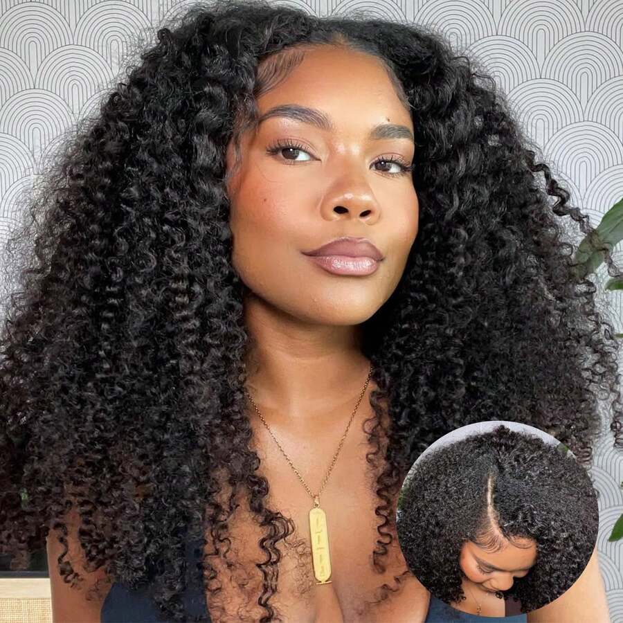 18 Inch Curly Half Wig Human Hair 180 Density 3 In 1 Seamless Flip Over Half Wigs Beginner Friendly Glueless Wear And Go Kinky Curly Wig Human Hair  Headband Wig For Women - Natural Black - 查看 1