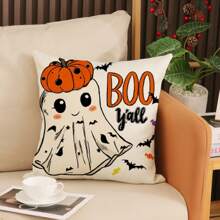 4 件万圣节枕套，可爱幽灵和黑猫条纹设计，紫色和橙色卡通单面印花拉链靠垫套，万圣节家居装饰，适用于家庭客厅沙发床、户外露台装饰，不含枕芯，18 X 18 英寸