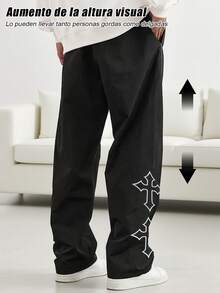 1 pieza Pantalones casuales para hombres con bordado de cruz, con cordón, ribete reflectante, adecuados para uso casual, playa, trabajo, entrenamiento, con ajuste recto relajado para primavera, verano, otoño, invierno, regalo para novio/esposo, regalo conmemorativo, para volver a la escuela - Negro - Ver 3