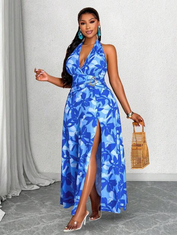 Abito lungo di moda con decorazione a fibbia e cinturino al collo, per taglie comode, vestito lungo estivo con stampa di foresta tropicale blu, adatto per vacanze all'aperto e moda casual quotidiana