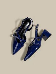Women's Navy Blue Patent Leather Pointed Toe Single Strap Chunky Heel Pumps, Elegant Pointed Toe Formal High Heels, Fashionable Slingback High Heel Shoes - Royal Blue - View 2