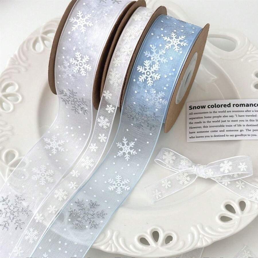 10Yard White And Light Blue Snowflake Ribbons Christmas Ribbon For Crafts Making Gift Wrapping Winter Holiday Xmas Decor Blue Sheer Wired Ribbon For Christmas Tree Garland, Winter Wreath Bows, Gift Wrapping, Home Decor Christmas Decorations Room Decor