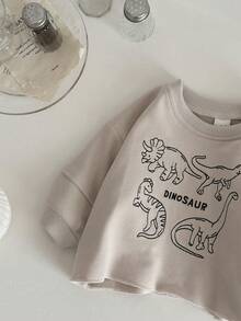 2 件套男婴休闲恐龙刺绣圆领长袖运动衫和裤子套装，春秋 - 杏色 - 查看 11