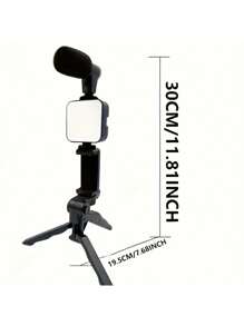 Supporto per fotocamera di telefono cellulare con luce LED rotante, mini microfono a fucile, supporto per telefono cellulare e treppiede pieghevole, stabilizzatore selfie portatile, supporto intelligente regolabile per interviste Vlog, kit di illuminazione live streaming LED - Treppiede da tavolo multifunzione in ABS, nero, treppiede portatile con altezza regolabile, design portatile a mano, perfetto per selfie, video e live streaming