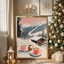 1 pezzo, Quadro su tela, Decorazione natalizia da parete incorniciata, Stampa artistica di una ragazza con cioccolata calda, Stampa artistica di un carrello bar da stazione sciistica, Decorazione moderna da caffè con scena invernale, Decorazione natalizia per la casa, Arte da parete minimalista, Arte moderna, Decorazione contemporanea per la casa, Decorazione da parete per il soggiorno
