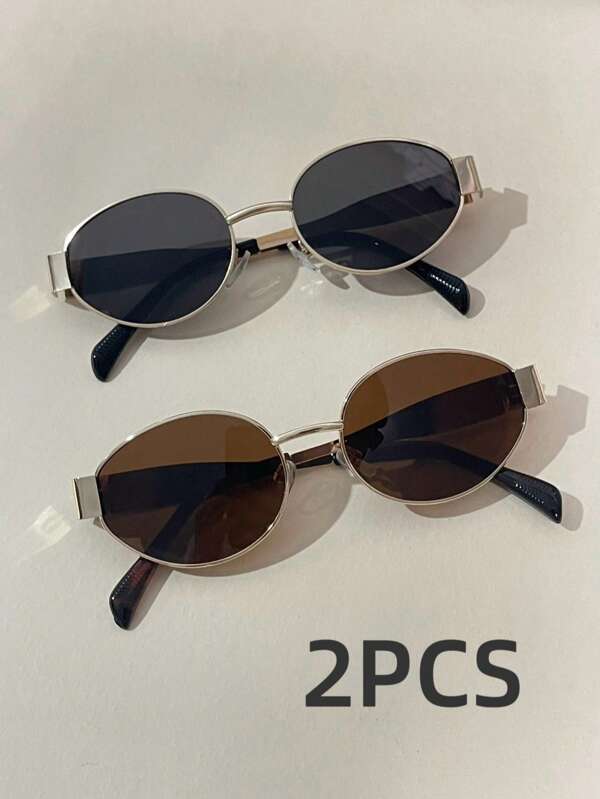 2 Pairs Of Vintage Metal Oval Frame Fashion Glasses In Bohemian Color Block Style, Beachy Vacation Vibes For Summer, Outdoor, Travel