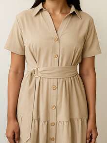Linen Midi Dress With Lining, Buttons And Structured Collar - 米色 - 查看 3