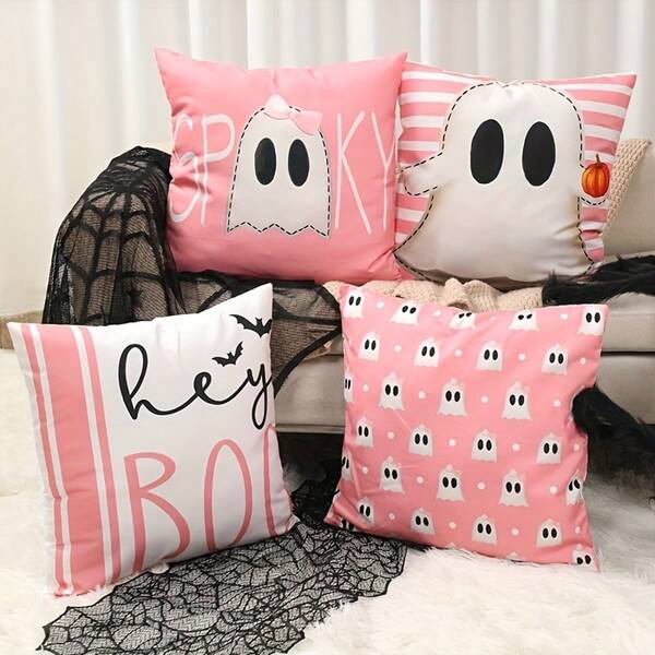 4pcs/1pc Pink Halloween Party Decoration Pillowcase, Pink Ghost And Bat Design, 18*18 Inches Soft Polyester With Zipper Closure, Suitable For Living Room, Room, Sofa And Bedroom (Filling Not Included) Very Suitable For Halloween Decor, Halloween Decorations, Fall Decor