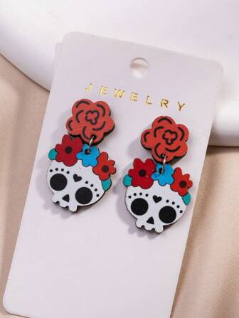 1 par de aretes de madera con diseño de flor colorida y calavera, diseño vibrante para usar en el Festival del 5 de mayo (sin tarjeta)