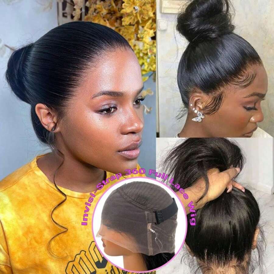 bling hair Hidden Strap Snug Fit 360 Lace Frontal Wigs Human Hair Invisible Strap Pre Plucked Pre Cut Lace 200 Density Straight Lace Front Wig With Drawstring 360 Glueless Wigs Human Hair For Women,14 Inch - Natural Black - 查看 1