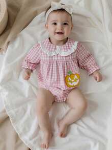 Baby Girls Romper, Long Sleeve Doll Collar Plaid Embroidery Pumpkin Bodysuit Newborn Halloween Costume