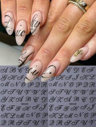 2PCS Black English Letters Nail Stickers Retro English Alphabet Nail Art Decals Self-Adhesive Letter Sliders DIY Charms Decoration Manicure Nail Accessories For Women Girls