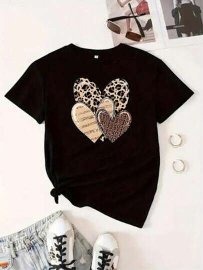 NAO Playera Mujer Cuello Redondo Estampada Corazones Animal Print  Casual    Algodón