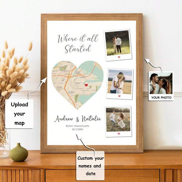 Spersonalizowany wydruk mapy serca, plakat ścienny z mapą "Gdzie się poznaliśmy", spersonalizowany prezent dla pary z okazji rocznicy ślubu i zaręczyn, bez ramki