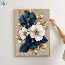 1 White And Navy Blue Bouquet With Golden Leaf Canvas Printed Posters, Modern Wall Arts Decoration Painting, Suitable For Coffee Shops, Homes, Bedrooms, Living Rooms, Kitchens, Bathrooms, Offices, Home Decoration, Decorating Houses, Bedrooms, Wall Decoration, Give To Friends. Ideal Choice For Decoration