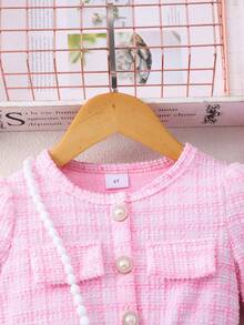 女童长袖格子撞色网眼优雅连衣裙（配包） - 粉色 - 查看 3