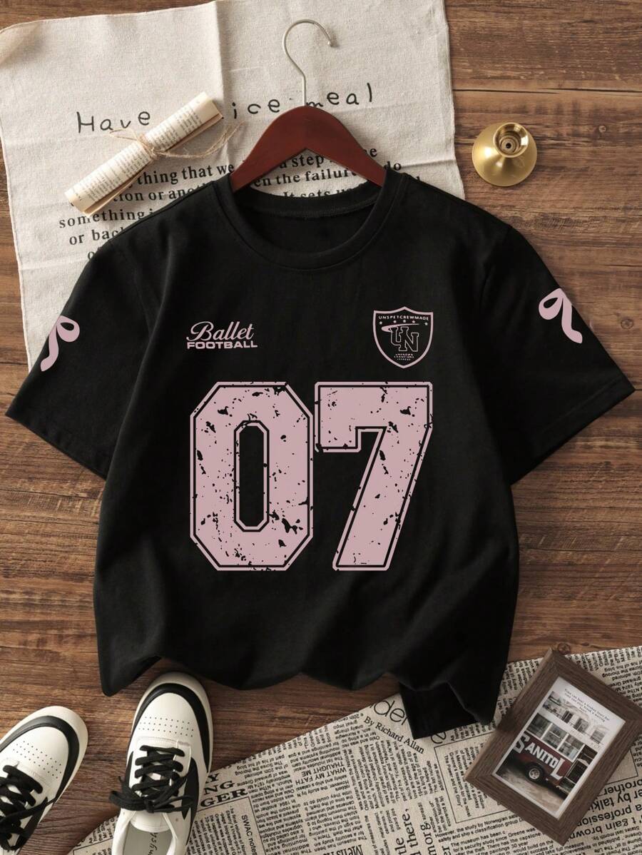 1pc Girls' Casual Letter Print Round Neck Short Sleeve T-Shirt, Summer Student Young Casual Wear - Minimalist English Letter Style T-Shirt Inspiring Imagination And Self-Expression - Black - View 1