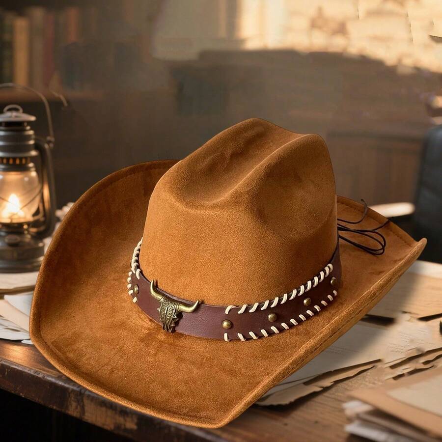 Retro Western Wide Brimmed Hat With Bullhead Decorative Band Suede Cowgirl Cap For Men Woman - Brown - View 1