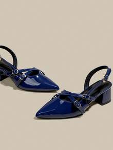 Women's Navy Blue Patent Leather Pointed Toe Single Strap Chunky Heel Pumps, Elegant Pointed Toe Formal High Heels, Fashionable Slingback High Heel Shoes - Royal Blue - View 3