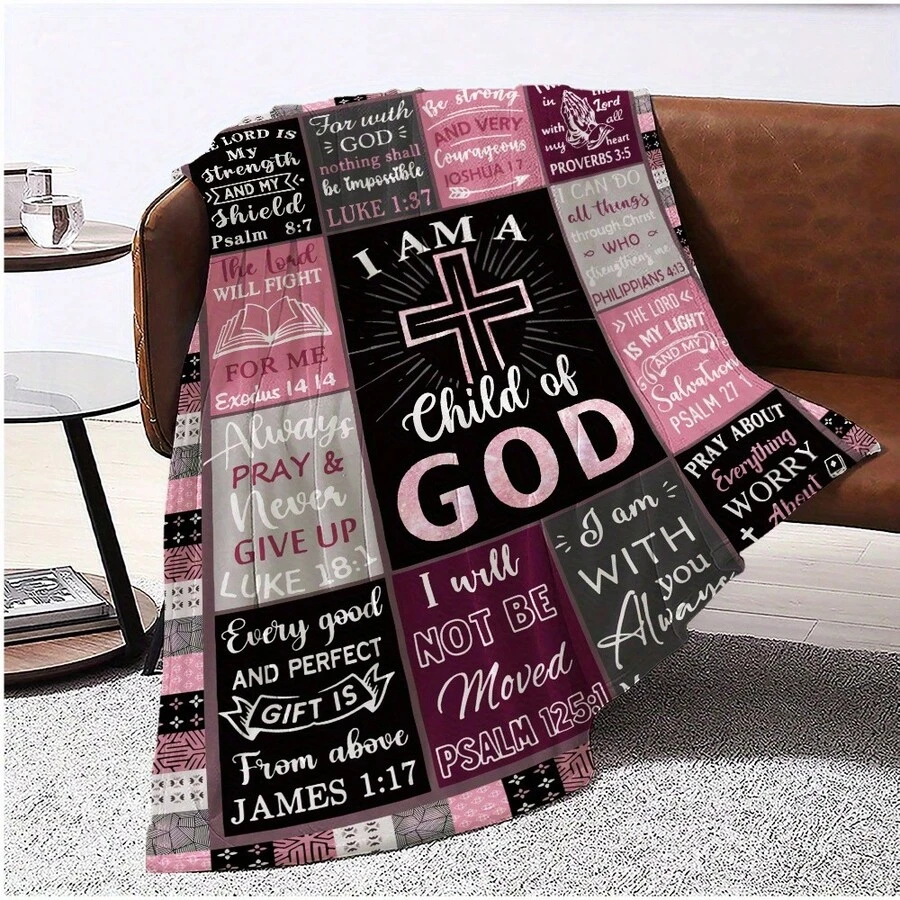 Christian Inspirational Scripture Print Flannel Throw Blanket - Contemporary Style, Machine Washable, All-Season Knitted Polyester Throw For Multipurpose Use, Ideal For Travel, Office, Home Decor, And Birthday Gift For Friends - Mixed Color - 多色3 - 查看 1