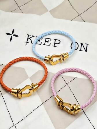 1 件流行欧美风格不锈钢马蹄扣编织皮绳手链，适合男士和女士，具有时尚、情侣风格、个性化、多功能和简约的设计。