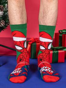 Marvel 1 双漫威圣诞蜘蛛侠超级英雄新年礼物袜子，卡通圣诞老人帽子新年动画袜子男女款，新奇趣味袜子，袜子 - 彩色 - 查看 2