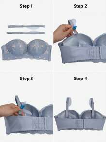 Ladies Push-Up Lace Floral Backless Strapless Bra For Small Bust [For Flat Chest], Cool Light Blue - Blue - View 4