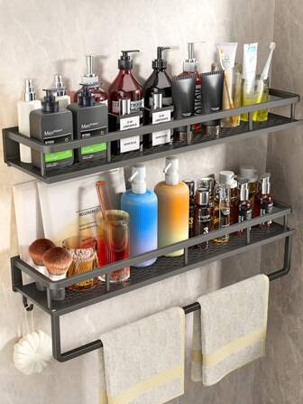 1pc Bathroom Shelf, Wall-Mounted Hole-Free Towel Rack Storage Rack, Suitable For Bathroom/Balcony/Kitchen, Multi-Functional Household Storage Rack