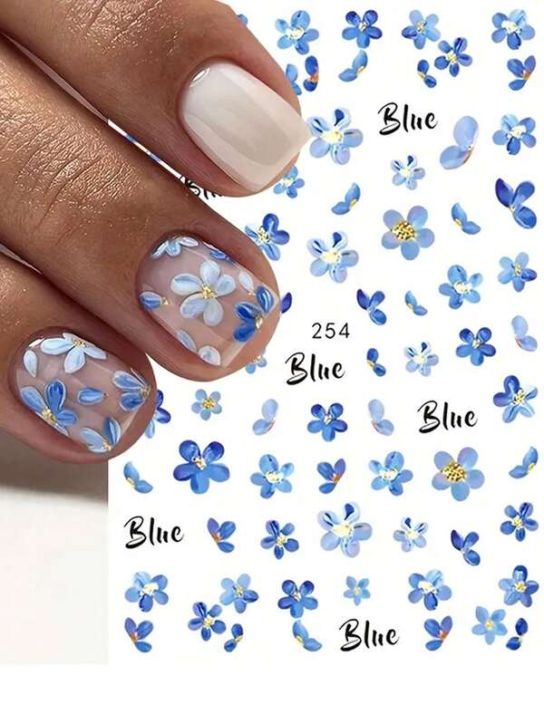 1pc Elegant 3D Blue Floral Watercolor Nail Art Stickers - Self-Adhesive, Hypoallergenic, Glossy Finish, Summer Design For Manicure & Nail Decoration