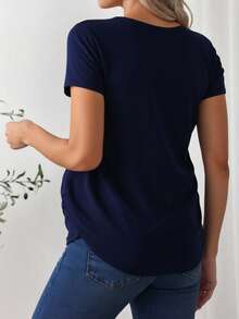 Blusa maternidad dama mujer embarazada embarazo premama mama futura baby shower babyshower bebe manga corta cuello redondo collar incluido piedras brillo dorado cadena encaje mesh floreado floral flor semitransparente estilo casual ajuste cómodo suave elastico ligera fresca primavera verano otoño diario hogar salidas brunch casa oficina - Azul Marino - Ver 2