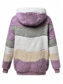 Fluffy New Jacket, Autumn/Winter, Women's Loose Furry Multi-Color Patchwork Hooded Coat - Mauve Purple - View 3