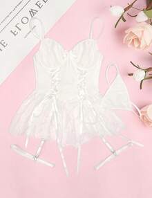 Women Sexy Lingerie Set Naughty Lace Up Corset Bodysuit Underwire Lingerie Babydoll With Garter Belt And Bow Tie - 玫紅色 - 查看 8