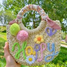 1pc Personalized Straw Woven Bag, Ribbon/Pom Pom/Crochet Flower, Fashion Letter Woven Tote Bag, Straw Handbag, Party Gift Bag, Bridesmaid Gift Basket - Multicolor - View 10
