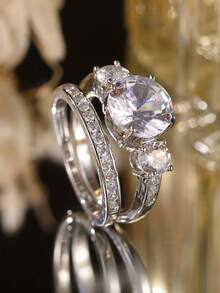 2pcs/Set Luxury Cubic Zirconia Ring Set, Sparkling Engagement Rings, High-End Women's Rings For Wedding, Party, Made Of Copper, Great Gift For Birthday, Valentine's Day - Silver - View 5