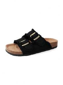 时尚百搭舒适复古厚底圆头厚底休闲户外露趾绑带罗马沙滩穆勒凉鞋 - 黑色 - 查看 9