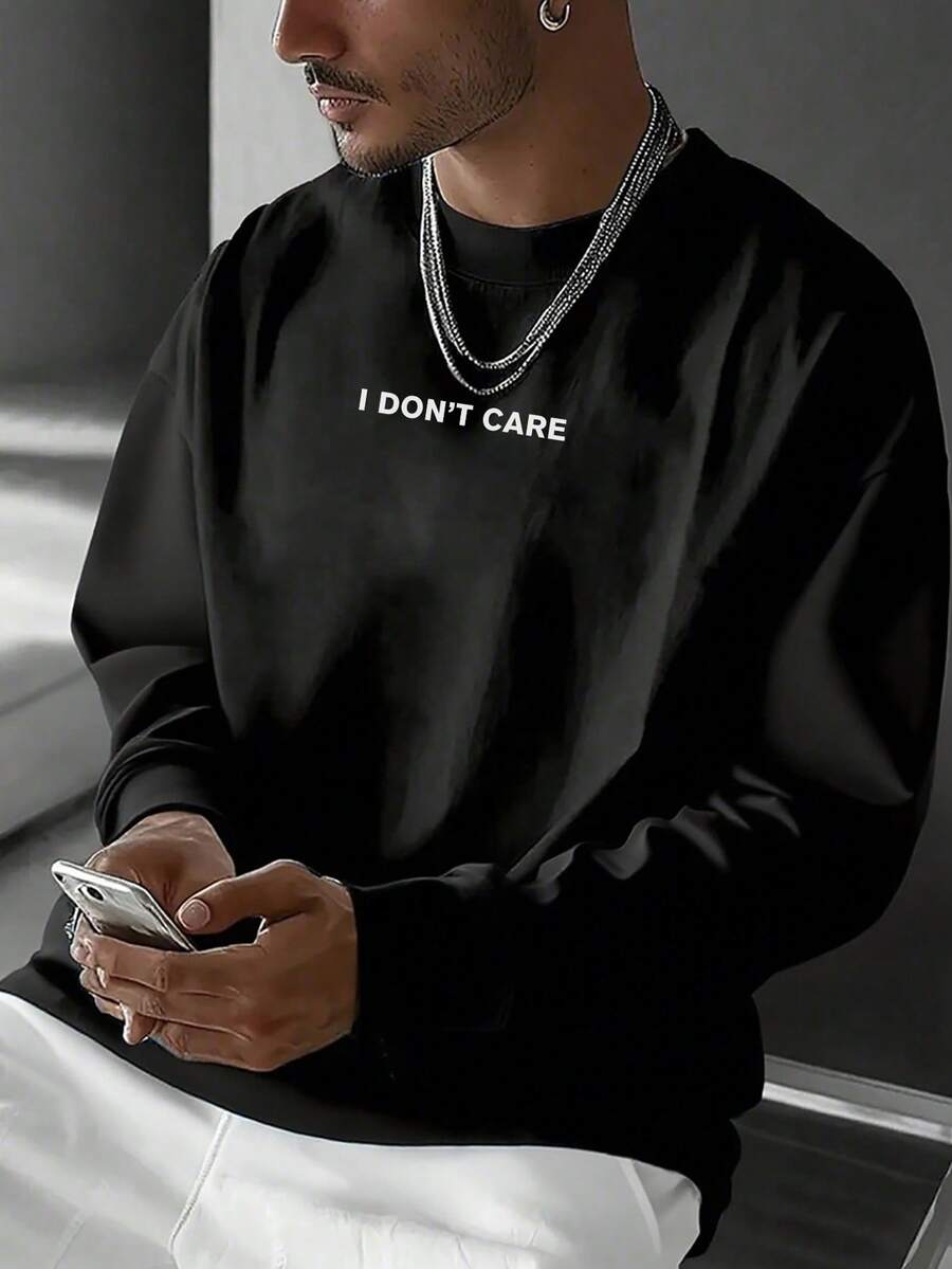 Men's Casual Versatile Simple Slogan "I DON'T CARE" Graphic Print Long Sleeve T-Shirt, All-Match Black
