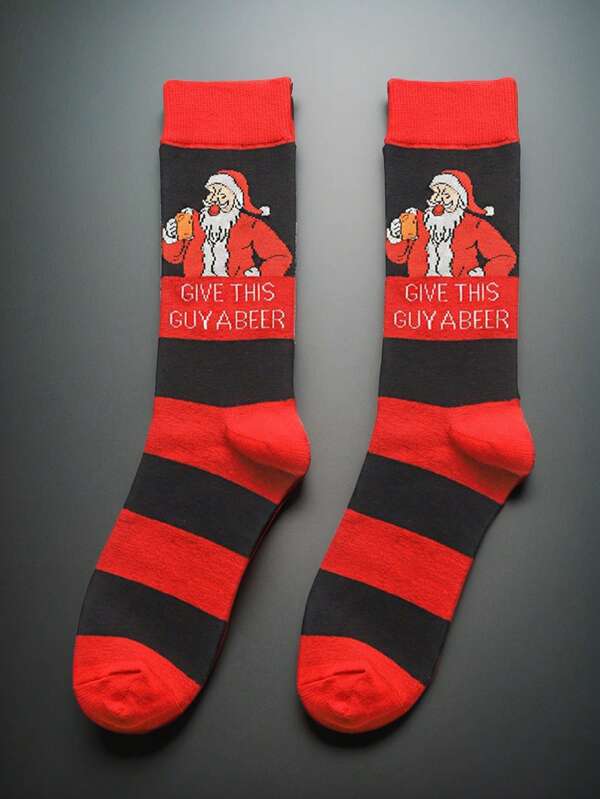 1 paire de chaussettes thème Noël avec design rayé rouge et motif amusant du Père Noël, un cadeau de vacances indispensable, confortable et chaud, convient aux hommes et aux femmes, chaussettes d'automne