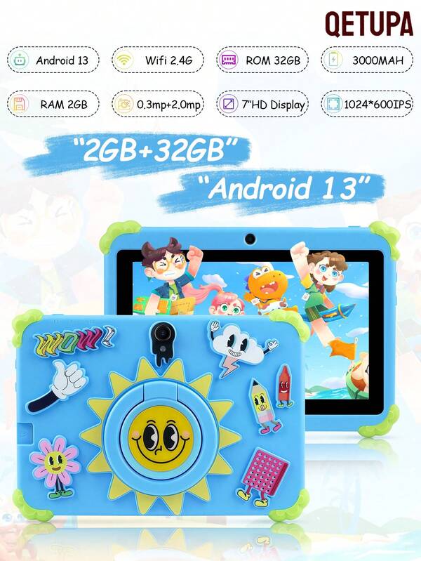 Qetupa 7 Inch Sunflower Pattern Android 13 Kids Tablet, 2GB RAM+32GB ROM,MTK 6737 Qaud-Core Arm Cortex-A53 1.3GHZ Processor,1024*600 IPS Touch Screen,3000mAh Battery,0.3MP+2.0MP Dual Camera, 802.11b WIFI 2.4G,The Perfect Gift For Christmas, Birthdays And Holidays( NO Adaptador)