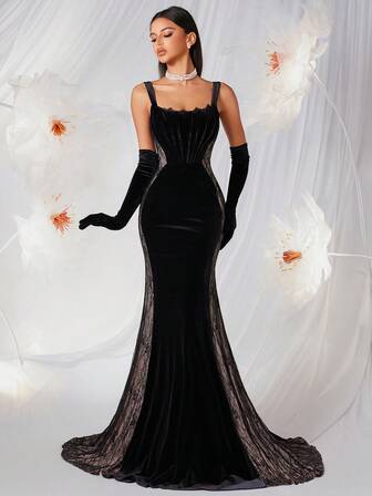 ADYCE שמלת נשף אלגנטית עם תחרה עבה, פאנלים מזמש, רצועת קולר באורך הרצפה לנשים, לנשף, אורחי חתונה, נשף, סיום לימודים, לילה דייט, ארוחת ערב רשמית, מסיבת יום הולדת, מסיבת חג, מסיבת משפחה (כפפות לא כלולות), ראש השנה