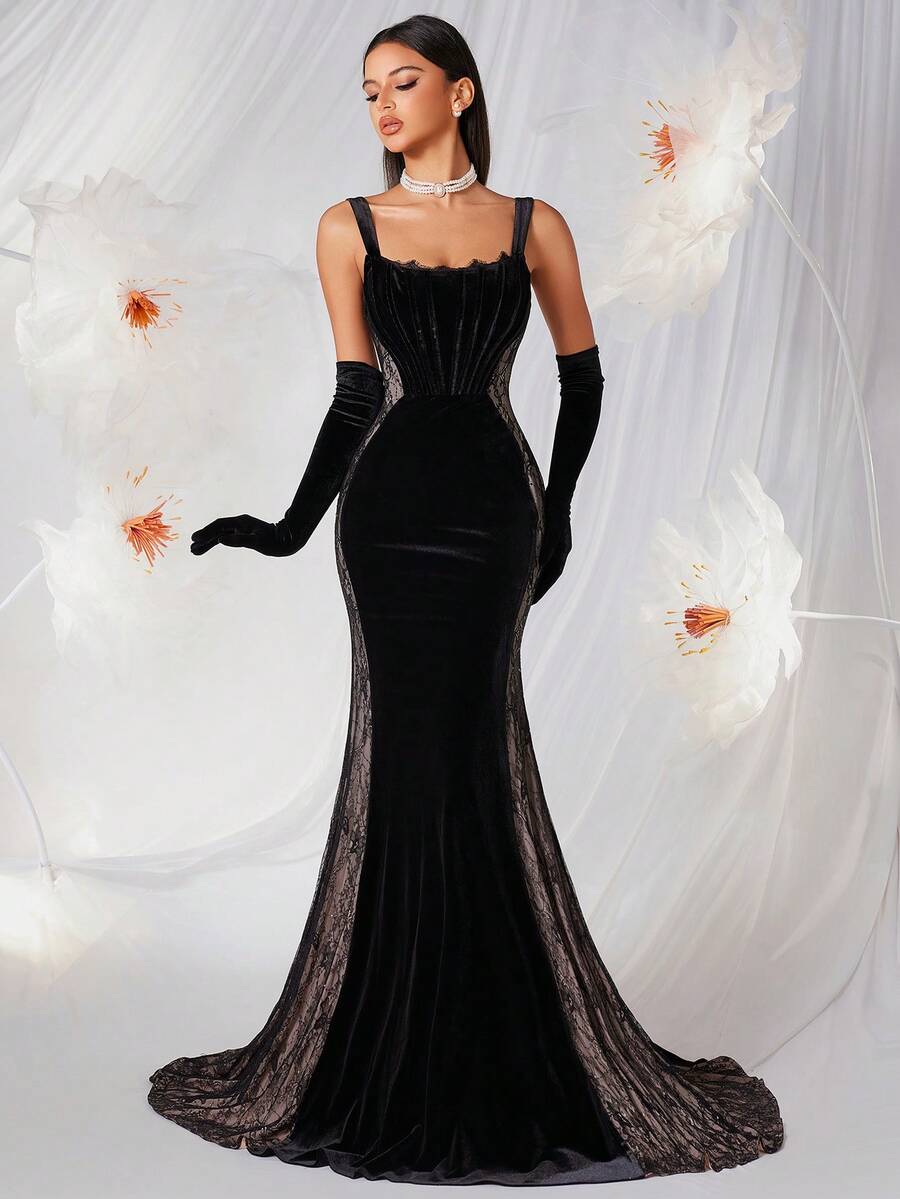 ADYCE 女士优雅粗肩带蕾丝拼接麂皮露背长裙，适合舞会、婚礼宾客、返校节、约会之夜、正式晚宴、生日派对、节日派对、家庭聚会（不含手套）、新年等场合。黑色春季款 - 黑色 - 查看 1