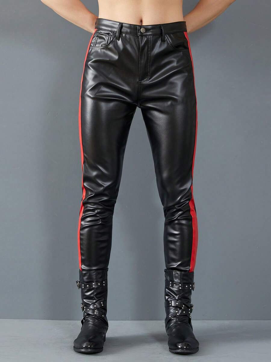 Idopy Men`S Motorcycle Slim Fit Five Pockets Stretchy Faux Leather PU Pants Concerts Party Night Club Rider Trousers With Strips - màu đen - Xem 1