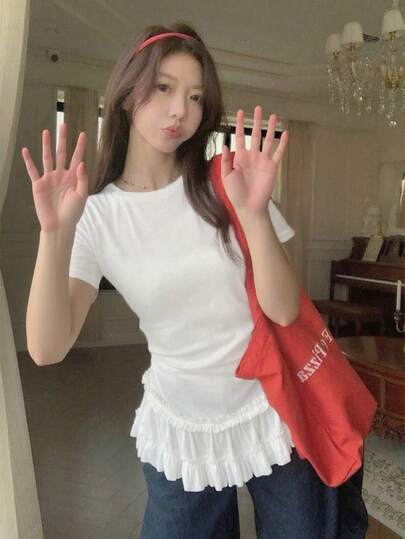 女士白色蕾丝短袖T恤，2025年最新款式，夏季休闲装