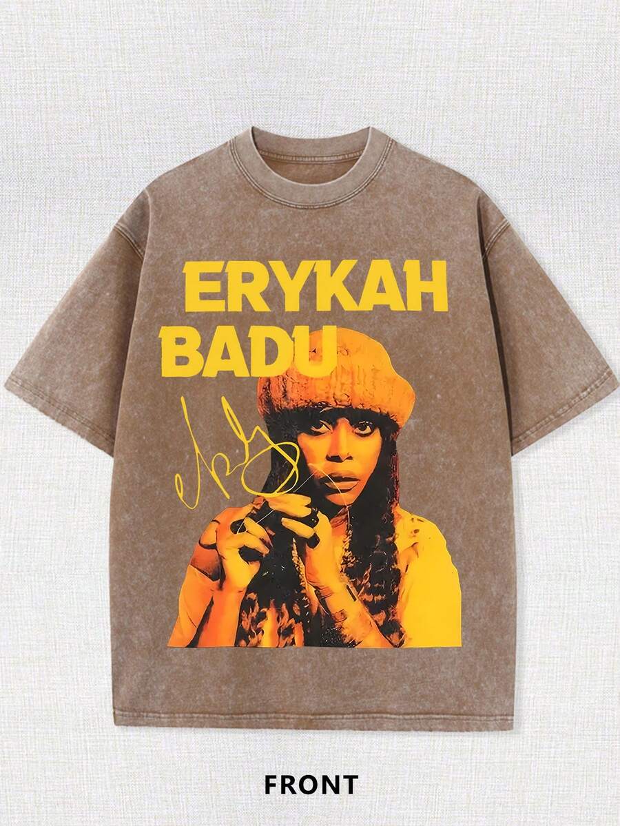 Wash With Water To Do The Old Craft! Erykah Badu Character Printed T-Shirt, Retro Soul Singer Element, Full Of Street . - Màu Khaki - Xem 1